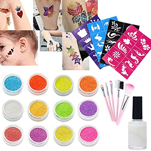 Body Glitter Tattoo Set Party Decorations Temporary Tattoos Makeup Set (12 Color Bottles of Glitter Powder, 4 sheets Cool Tattoo Stencils, 1 Glue Applicator, 5 Brushes) Glitter Tattoo Kits for Kids