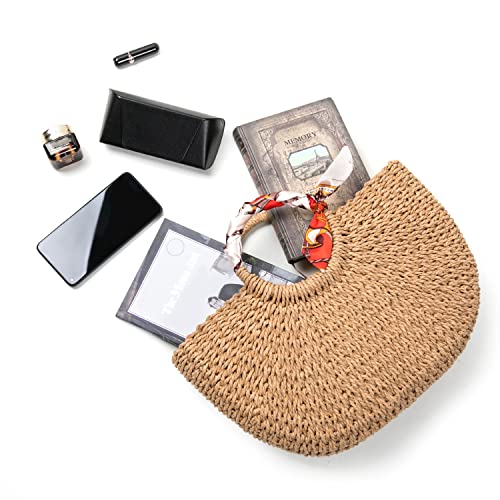 FARVALUE Summer Women‘s Beach Straw Bag Handwoven Straw Tote Casual Handbag with Silk Ribbon3
