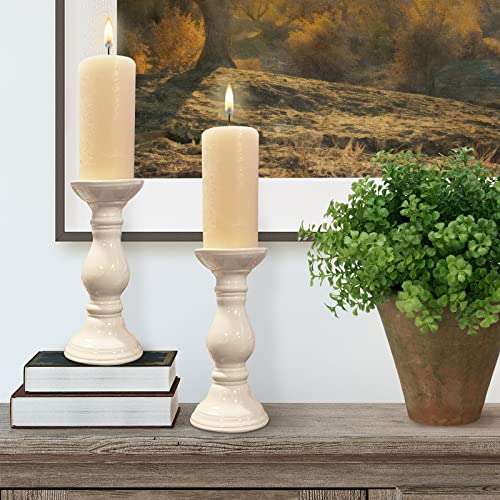 Bonita Home 9" Candle Holder Set | Ceramic Candle Stick Holder - Pillar Or Taper Candles | Set Of 2 | For Farmhouse, Rustic, Traditional Décor | White #TOP7