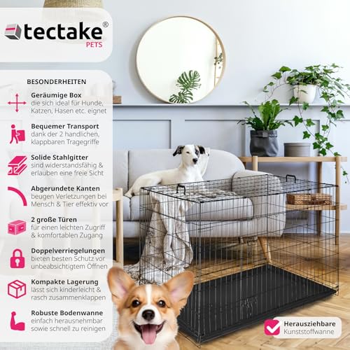 tectake® Hundekäfig, Hundegitter Box, Dog Kennel, Hundebox faltbar, Transportbox stabil, für Hunde und Welpen, für Kofferraum, Auto, Camping und Zuhause, Wohnung - 121,5 x 75,5 x 80,5 cm