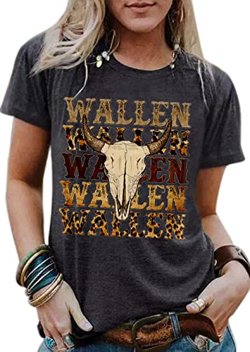Retro Steer Skull Western T-Shirts Women Leopard Vintage Graphic Tees Country Concert Shirt Cowboy Short Sleeve Tops