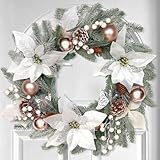 22 Inch Lighted Christmas Wreath Silver White Christmas Wreaths for Front Door with Large White Flowers, Balls, Berries, Pine Cones Winter Christmas Decorations for Indoor Outdoor Home Decor