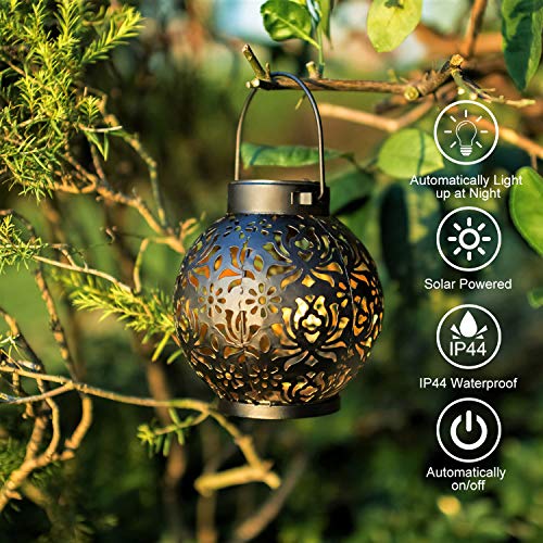 Image of 2 Pack Outdoor Solar Hanging Lantern Lights Metal LED Decorative Christmas Light for Garden Patio Courtyard Lawn and Tabletop with Hollowed-Out Design. 2 Color Options Black and Bronze.