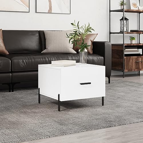FUDUGEHMIOFWFJJ Table Basse Blanche Brillante Moderne avec Tiroir, Salon Salle de Séjour, Plateau Bois d'Ingénierie Durable 50x50x40 cm, Pieds en Fer Stable, Meuble de Rangement Élégant
