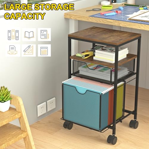 BOHDK Rolling File Cart with 2 Storage Drawers, Wood & Mesh Hanging File Folder Organizer with Wheels Under Desk, File Cabinets for Home Office, 14.7\" L x 11.8\" D x 25.3\" H - Thumbnail 5