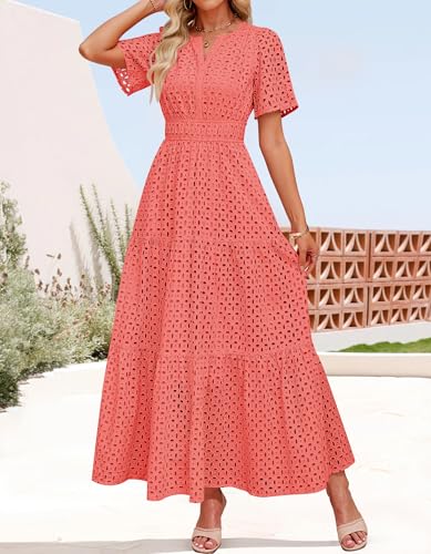 Image of ZESICA Women's 2026 Summer Short Sleeve Maxi Dress Casual V Neck Hollow Out Eyelet Ruffle Swing A Line Long Dresses