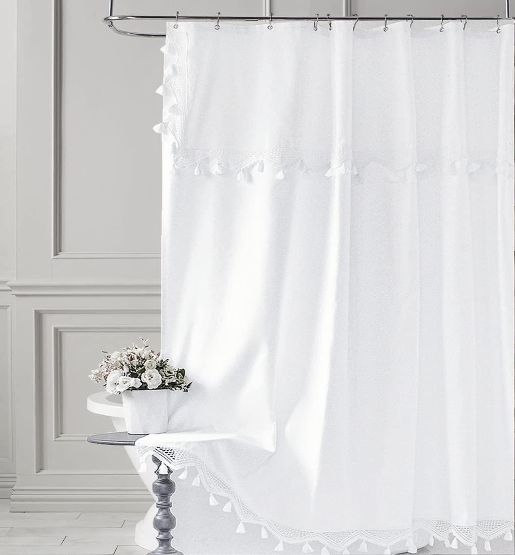 Felisa White Boho Shower Curtain with Crochet Trim and Tassels