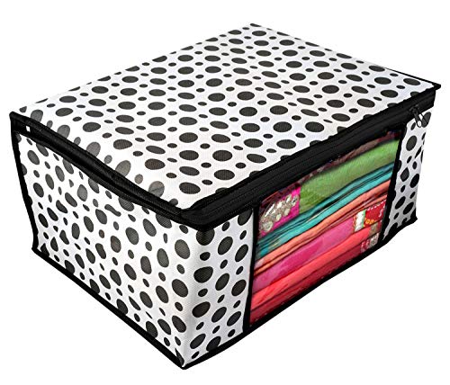 Image of Kuber Industries Polka Dot Design 6 Piece Non Woven Fabric Saree Cover Set with Transparent Window, Extra Large, Cream & White -CTKTC40855, Standard