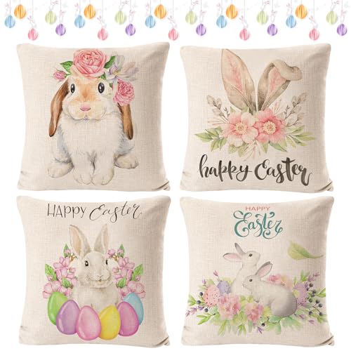 Forhome Funda Cojines 4Pcs Funda Pascua De Almohada De Conejos De Colores Funda De Cojín De Lino para Decoración De Pascua 45x45 Funda De Almohada para Cojines para Sofá Coche Cama Sillas Decoración