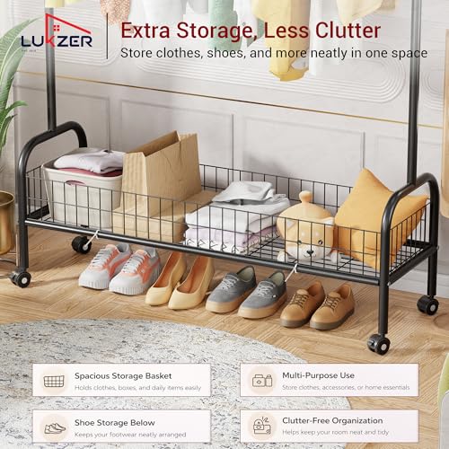 Image of Lukzer | MGR-003 | Black | Metal Garment Rack with Wheels, Single Rod & Mesh Base - Heavy-Duty Freestanding Clothes Stand with Bottom Shelf for Bedroom, Entryway, Laundry & More | 173 x 110 x 35 cm