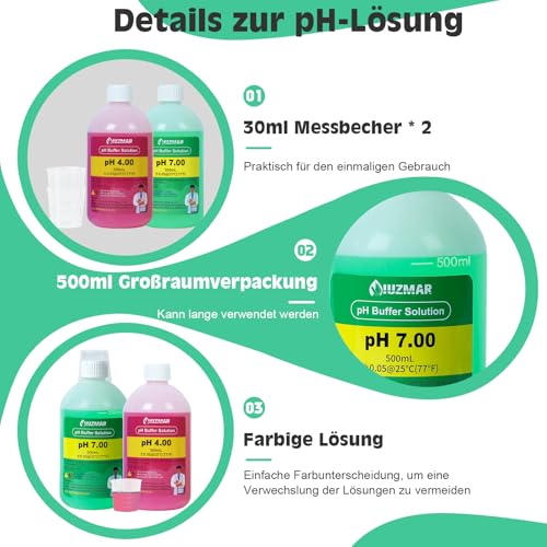 UIUZMAR pH Kalibrierungslösung Kit, pH4.00/7.00 500ml Lösung jeder, pH Pufferlösung mit Container (30ml*2) für pH Messgerät, pH Tester, pH Monitor, pH Sonde, pH Elektrode