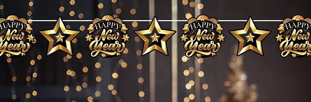 FIESTAS GUIRCA | Happy New Year Garland Gold and Black (118.1 in) - Party Decoration for New Year and Celebrations - Ideal for New Year's Eve Parties - Decorative Accessory - Gold Black