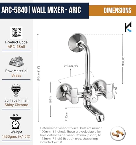 Image of KAMAL Wall Mixer - Arch Eco | Mirror Finish | Sturdy Brass Build | Hot and Cold Shower Mixer | 165mm Long Bend Pipe | Easy to Use Click Fitting Mixer Faucet | Wall Mounted