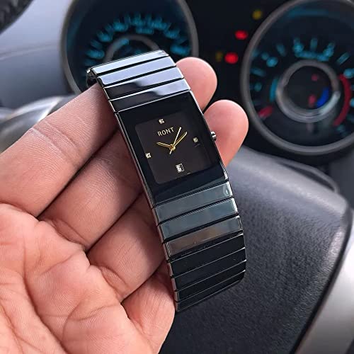 Image of RONT Luxury Analogue Men's Watch(Dial Black Colored Strap) Designing Ceramica Unisex Watch for Men Squre dial Black Edition