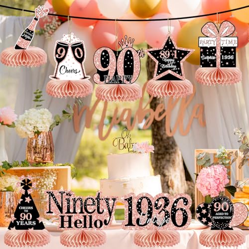 Image of 9Pcs 90th Birthday Decorations Honeycomb Centerpieces for Women, Rose Gold Pink Happy 90th Birthday Centerpieces Tables Toppers Party Decorations Supplies, Vintage 1936 Aged Table Decor