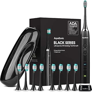 Aquasonic Black Series Ultra Whitening Toothbrush – ADA Accepted Power Toothbrush - 8 Brush Heads & Travel Case – 40,000 VPM Electric Motor & Wireless Charging - 4 Modes w Smart Timer