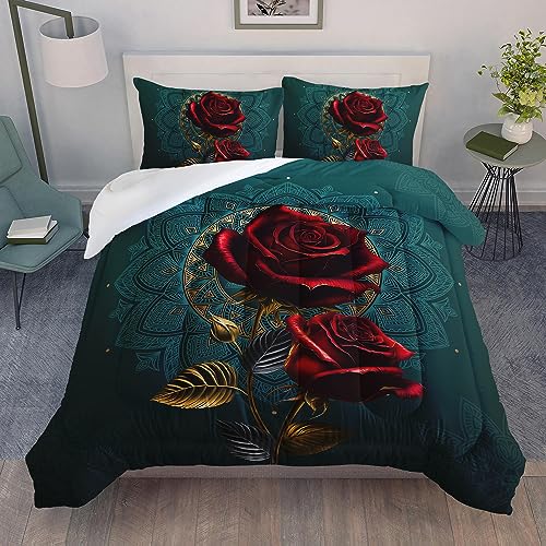 AILONEN Red Rose Comforter Set Twin Size, Red Floral Print Bedding Set for Girls,Valentine Romantic Blossom Floral Bed in a Bag,1 Quilt and 2 Pillowcases,Soft Microfiber for All Season