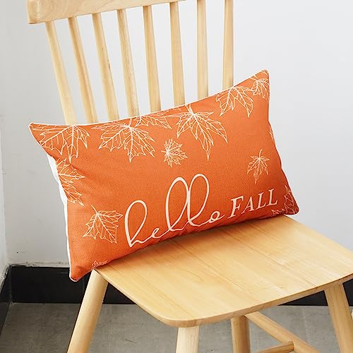 ONWAY Fall Throw Pillow Covers 12×20 Set of 2 Farmhouse Hello Fall Pumpkin Maple Leaves Decorations Outdoor Patio Autumn Seasonal Cushion Cover for Sofa Couch Home Bed