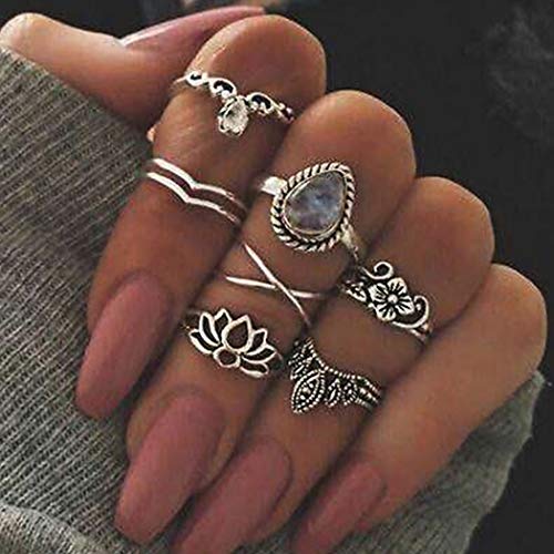 Bartosi Vintage Flower Knuckle Rings Boho Silver Crystal Joint Knuckle Ring Set with Oval Jewelry for Women and Girls(7 Pcs)