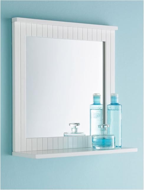spot on dealz® Bathroom Wall Mounted Mirror with Cosmetics Shelf Hanging Wooden Frame Elegant Style Clean lines with Crisp White Finish Modern Traditional Decoration