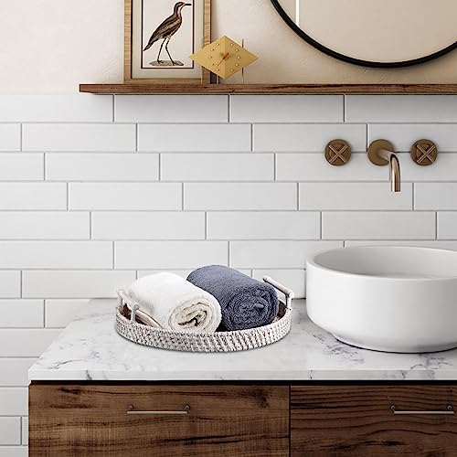 IGNPION Round Rattan Woven Serving Tray Decorative Display Guest Towel Storage Platters with Handle Table Desktop Organiser for Coffer,Drink,Breakfast,Tea,Candle - Image 2