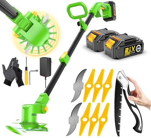 WeeLun Rasentrimmer Mit Akku, Motorsense akku Mit 2x2500mAh Batterie,3 x Metallklinge & 6 x Kunststoffklingen, kantenschneider und freischneider akku für effiziente Rasenpflege und Unkrautbeseitigung