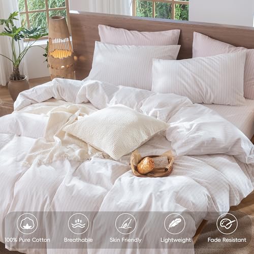 Image of MooMee Striped Duvet Cover Set 100% Washed Cotton Linen Like King | Relaxed Linen-like Texture. Soft, Breathable & Long-lasting Comfort. Lightweight. Hidden Zipper with 8 Interior Corner Ties