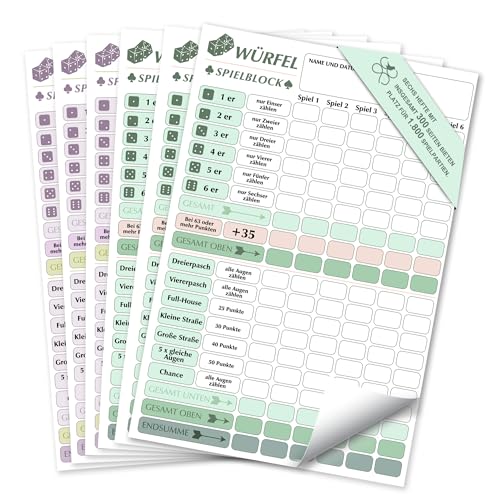 6 x Würfelspiel Block DIN A6 300 Blatt 120gsm Papier insgesamt für 1800 Spiele Würfelspiel Block Ersatzblöcke gut lesbar und übersichtlich gestaltet Würfel Spiel Set für Familien Spielabende