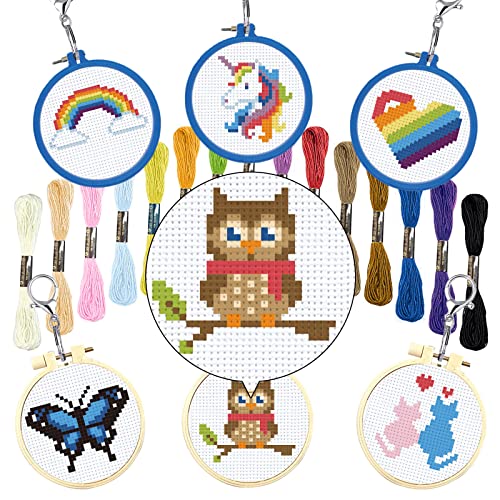 INFUNLY 6 Stamped Cross Stitch Kits for Animal Pattern DIY Embroidery Kits for Beginners with Instruction for Christmas Backpack Charms, Ornaments and Needle Craft