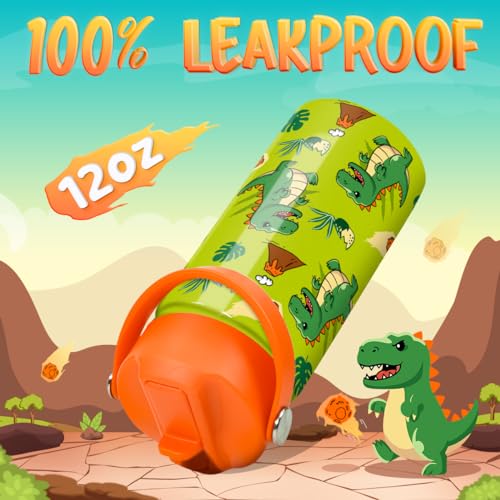 Image of SANDJEST Dinosaur Water Bottle - Water Bottle with Straw Lid for Kids - 12 Oz Insulated Stainless Steel T-Rex Bottles for Kid Boys - Travel Cup for School Sports