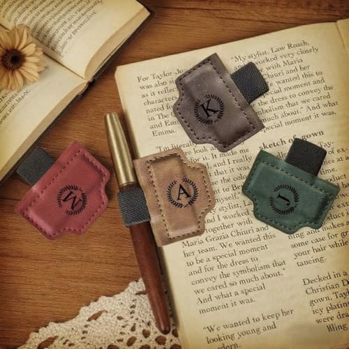 MOTEERLLU Custom Bygonemark Personalized Magnetic Leather Pen Holder Bookmark with Initial for Reading Women, Men, Teacher, Book Lovers Gifts & Accessories(Green,C) — view 2