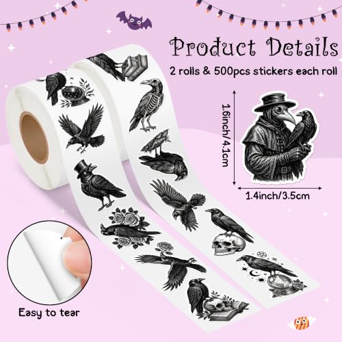 Image of Halloween Raven Bird Sticker for Laptop Water Bottle Scrapbook | 2 Rolls Gothic Vinyl Decals Waterproof Vinyl Strong Adhesion No Residue for Halloween Party Decor Scrapbook Journals