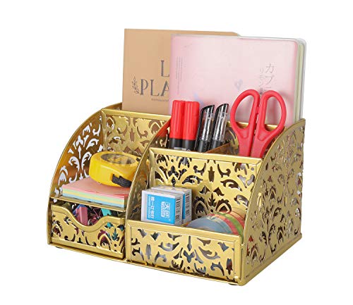 PAG Office Supplies Mesh Desk Organizer Pen Holder Accessories Storage Caddy with Drawer, 7 Compartments, Gold
