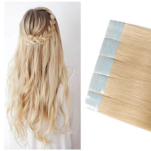 Tape in Hair Extensions 100% Remy Human Hair 16" 18" 20" 22" Double Side Tape Seamless Skin Weft Natural Hair Extensions 20pcs Long Straight Silky for Women and Girls (22 inch 50g ,#613 Bleach Blonde)