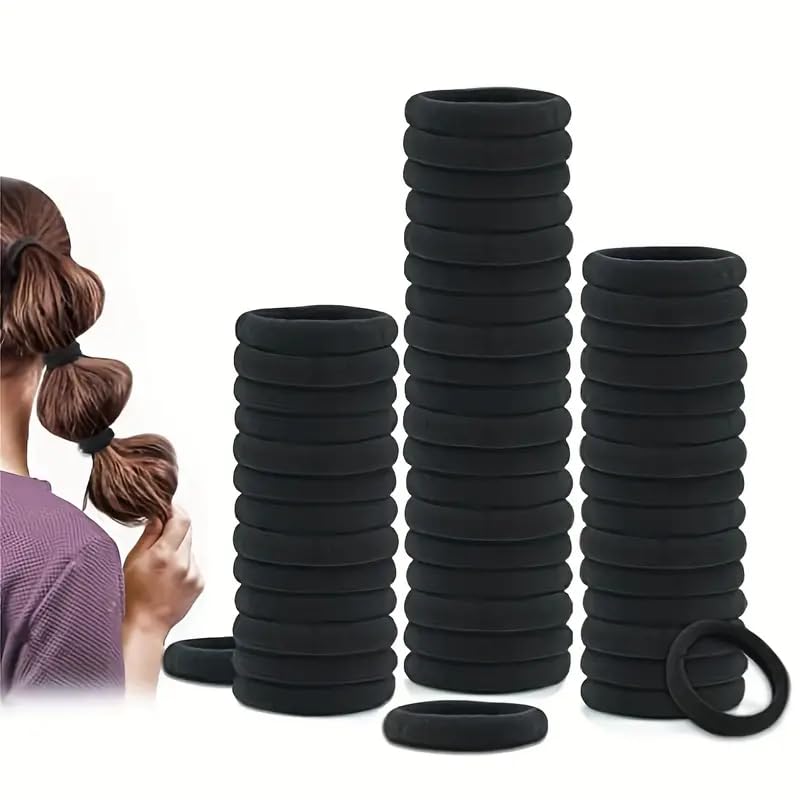 50 gomas de pelo negras elásticas y resistentes, bandas para el cabello grueso, coleteros sin metal, perfectas para uso diario, deporte, yoga y recogidos cómodos para mujer y niñas