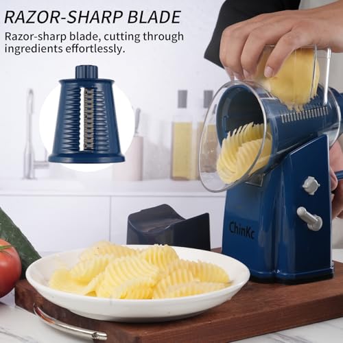 ChinKc Upgrade Rotary Cheese Grater Shredder with Handle, Strong Suction Base, Multi-purpose Rotary Grater Slicer with 5 Interchangeable Blades for Ice, Vegetables, Fruit, Nuts with Blade Storage Box - Image 7