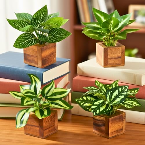 Image of DecoreBugs Artificial Leaves Potted Plants in Wooden Pot (4 Pack) Money Plant | Small Plants for Home Decor | Office Decor