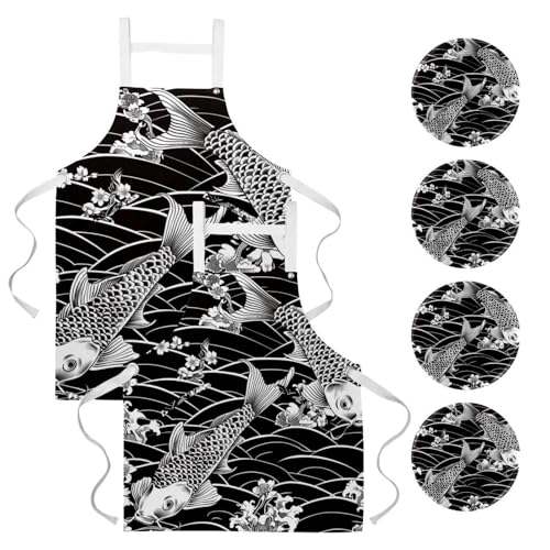 Tablier japonais poisson noir imperméable : lot de 2 réglables