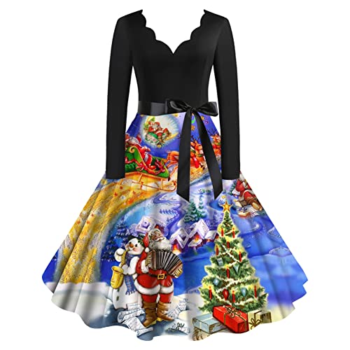 Weihnachtskleid Damen Weihnachten Motiv Aufdruck Abendkleid Elegant Langarm V-Ausschnitt Cocktailkleid 50er Rockabilly Kleider Swing Retro Partykleid...