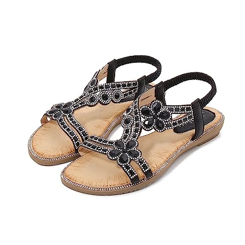 AYGJKIE Women's Flat Sandals Beaded Flower Sparkly Rhinestone Flat Elastic Sandals Bohemian Beaded Strap Sandals Diamante Rhinestone Leather Sandals2
