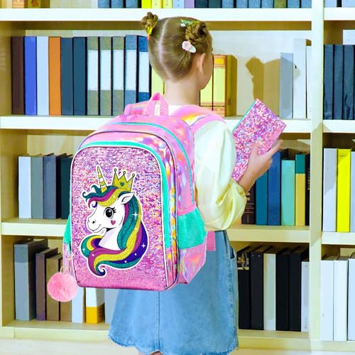 Image of CCJPX 16 inch Unicorn Backpack for Girls, 3Pcs Kids Sequin Bookbag with Lunch Box, Water Resistant Elementary School Bag for Kindergarten Preschool Toddler (Pink)