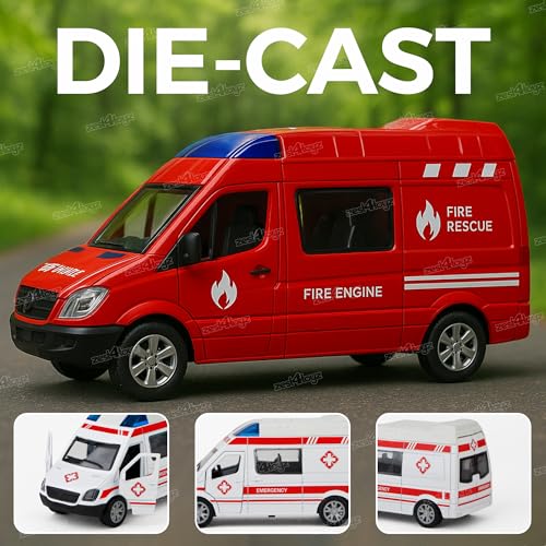 Image of Zest 4 Toyz Diecast Car for Kids Pull Back Toy Car Fire Rescue Vehicle Mini Ambulance Van with Openable Doors Vehicle Metal Car Toy Car for Boys & Girls - Pack of 1 (Random Color)