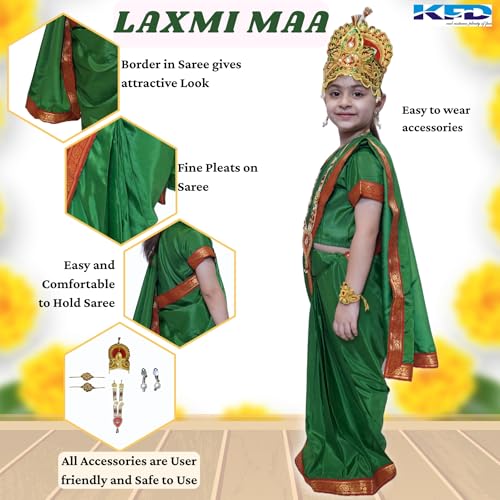 Image of Kaku Fancy Dresses Devi Laxmi Green Saree for Girls | Ready to Wear Saree | Mythological Godess Costume with Accessories - 3-4 Years