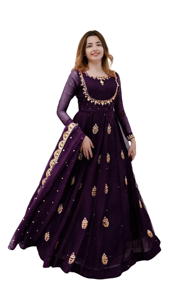 RAMXMAN Elegant Maroon Georgette Evening Gown, Floor Length Flared Dress with Gold Sequence Embroidery Work, Long Sleeves, 4 Meter Flair, Size M-XXL-image-22