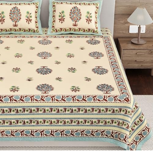 Image of Living Roots Ethnic Jaipur Block Print Double Cotton Bedsheet & 2 Pillow Covers, for Mattress Upto 6 inches Thick, No Colour Bleeding, Green Colour, King Size 90 * 108 inches, 120TC (614-C)