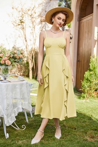 Image of Belle Poque Pastel Dress for Women Summer Flowy Boho Ruffle Dress 2025 Sleeveless Long Cocktail Dresses Yellow L