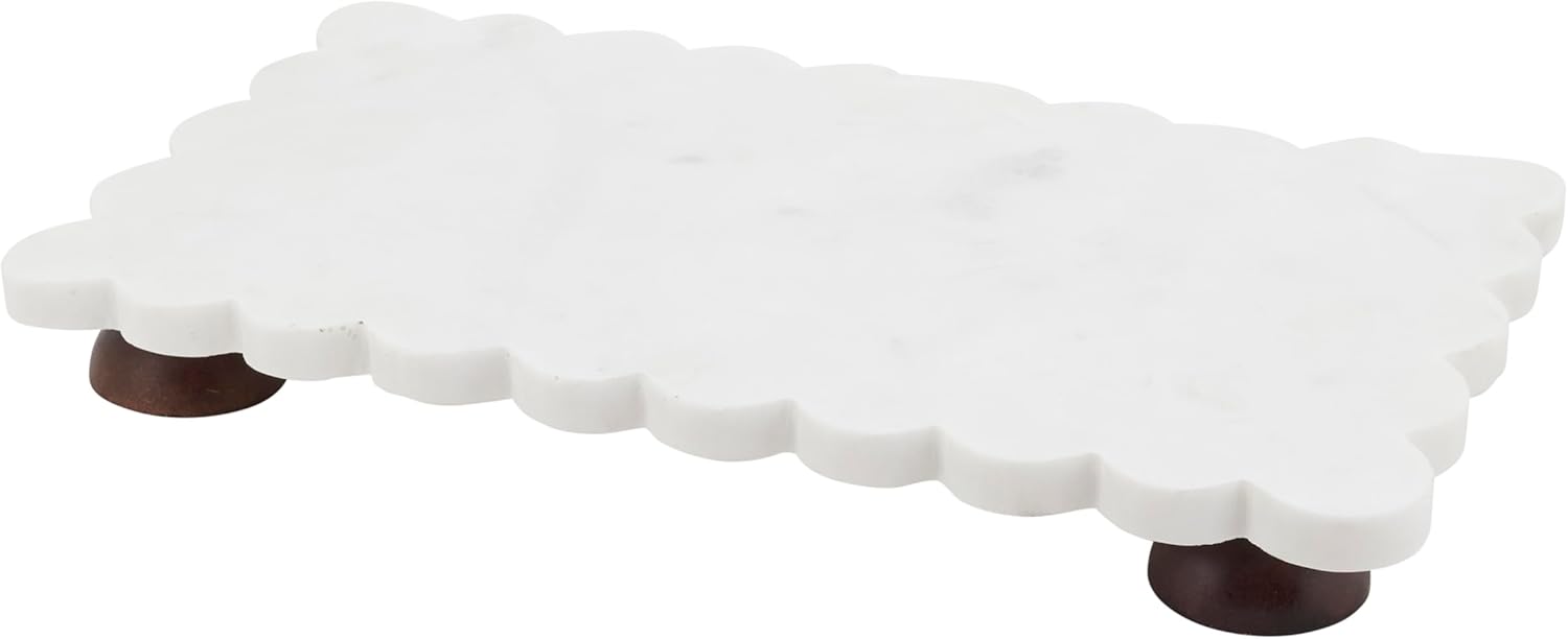 SARO LIFESTYLE Scalloped Marble Tray with Mango Wood Feet – Decorative Display Stand for Kitchen, Bath & Entertaining
