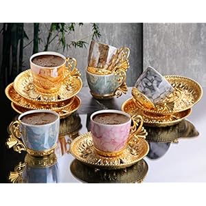 LaModaHome Espresso Coffee Cups with Saucers Set of 6, Porcelain Turkish Arabic Greek Coffee Cup and Saucer, Coffee Cup for Women, Men, Adults, Guests, New Home Wedding Gifts – Mixed/Gold