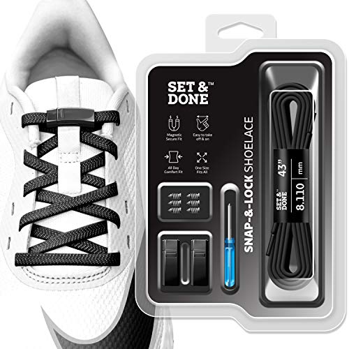 Set & Done- Elastic No Tie Shoe Laces with Magnet Snap & Lock, Quick & Easy Shoelaces for Adult and Kids Sneakers, Black 1 Pack