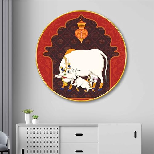 Image of SAF Round Cow and Calf Wall Painting - Golden Frame | Sacred Gau Mata Art | Traditional Hindu Religious Wall Decor for Pooja Room Temple Living Room Festival Gift